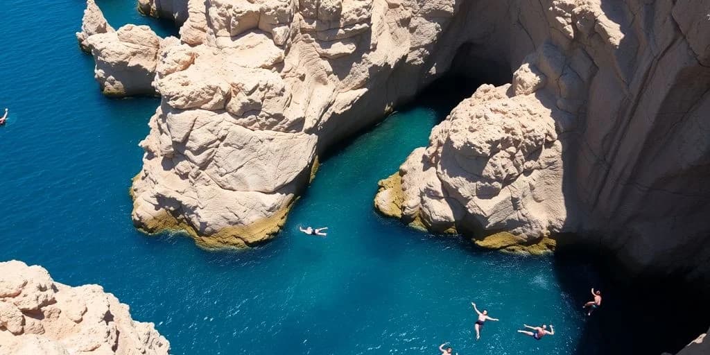 Ocean cove at Cliff Jumping Spots Around Cabo with swimmers, rocky cliffs