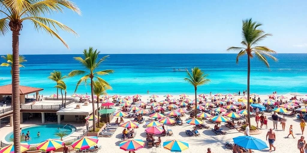 Beach umbrellas at Comparing Beach Clubs in Cabo: Complete Guide many colorful umbrellas, ocean beyond