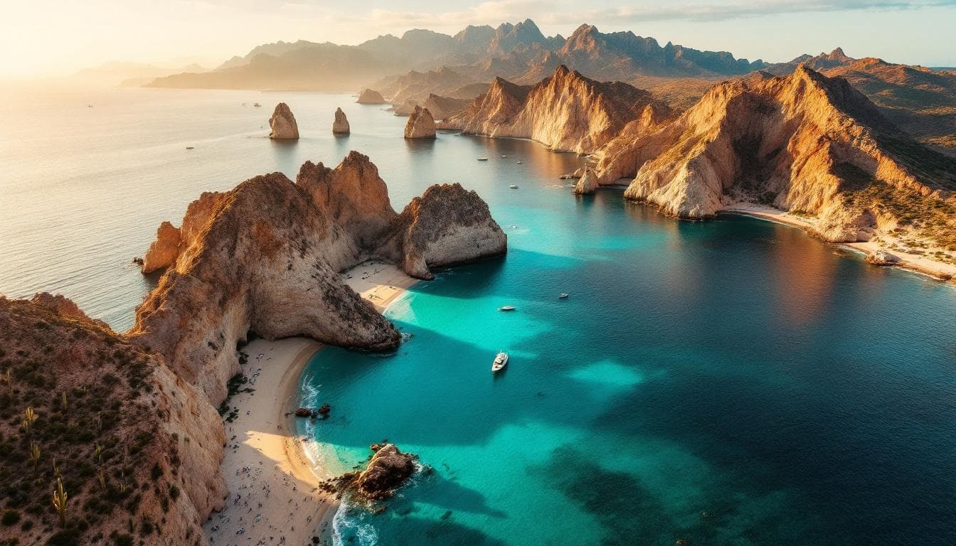 Ocean bay at Cabo San Lucas: My Unfiltered Guide to the Ultimate Luxury Bucket List aerial view, rocky islands, boats