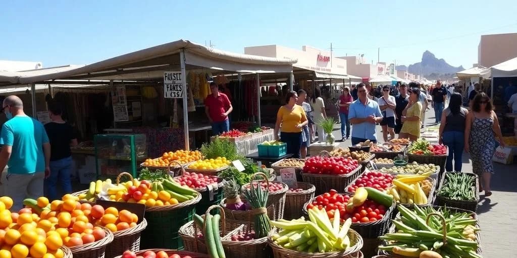 Outdoor market at Complete Guide to Farmers Markets in Cabo fresh produce stalls, many people