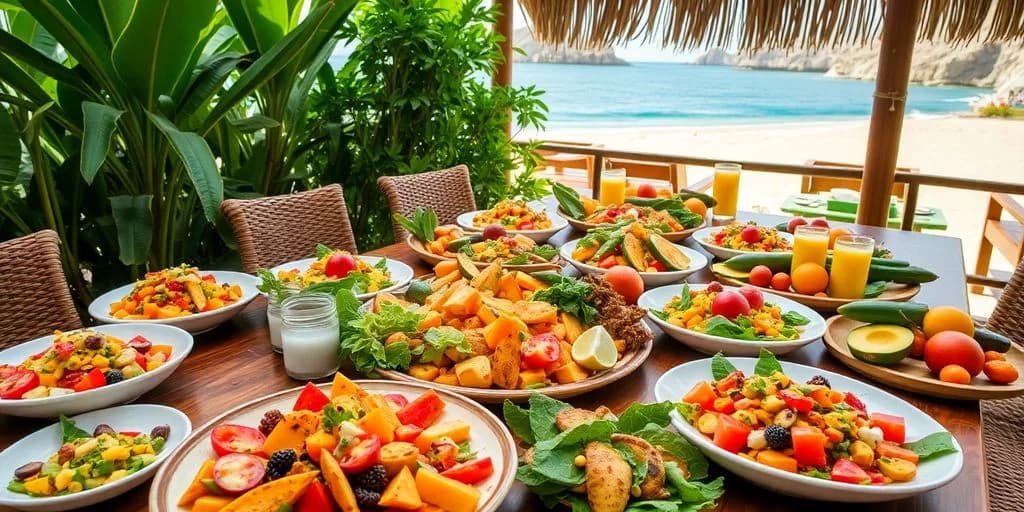 Outdoor dining at Complete Guide to Vegan Dining in Cabo San Lucas many plates of food, ocean view