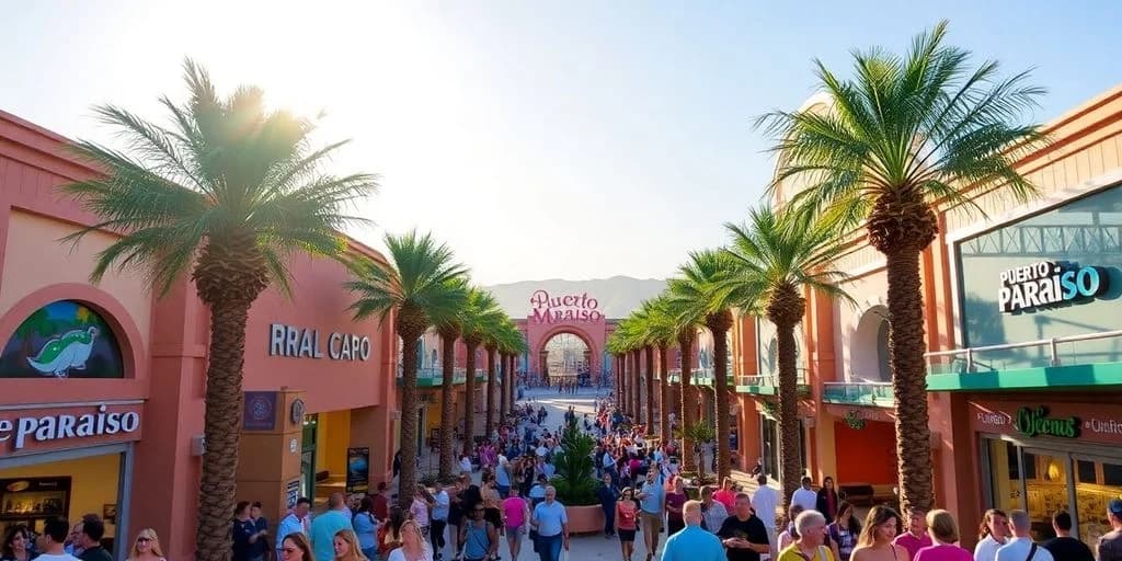 Pedestrian walkway at Complete Store Directory: Puerto Paraiso Mall Cabo crowded, palm trees, archway