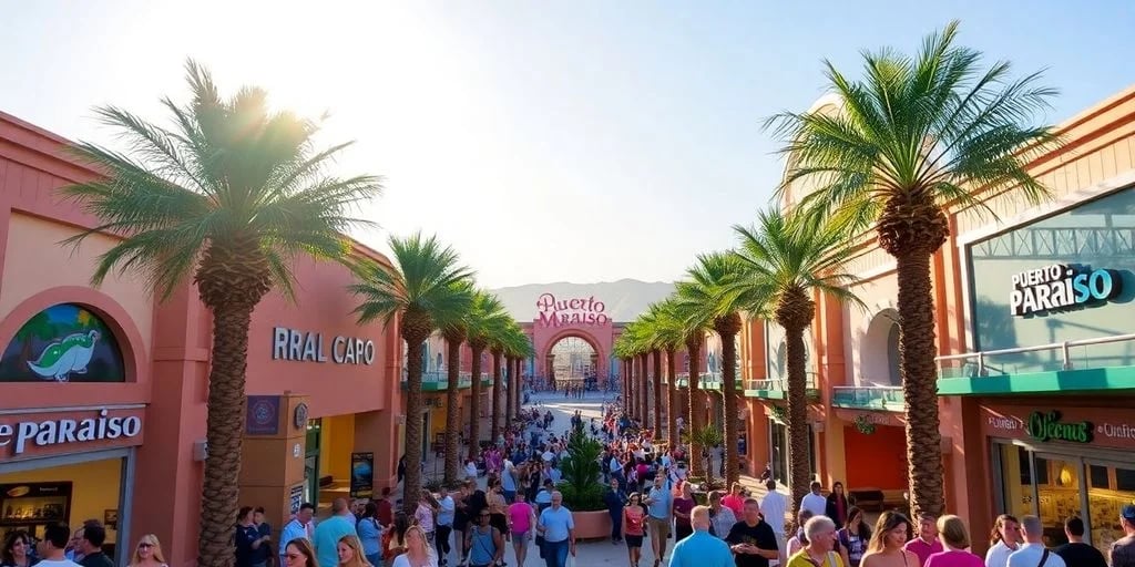 Pedestrian walkway at Complete Store Directory: Puerto Paraiso Mall Cabo crowded, palm trees, archway