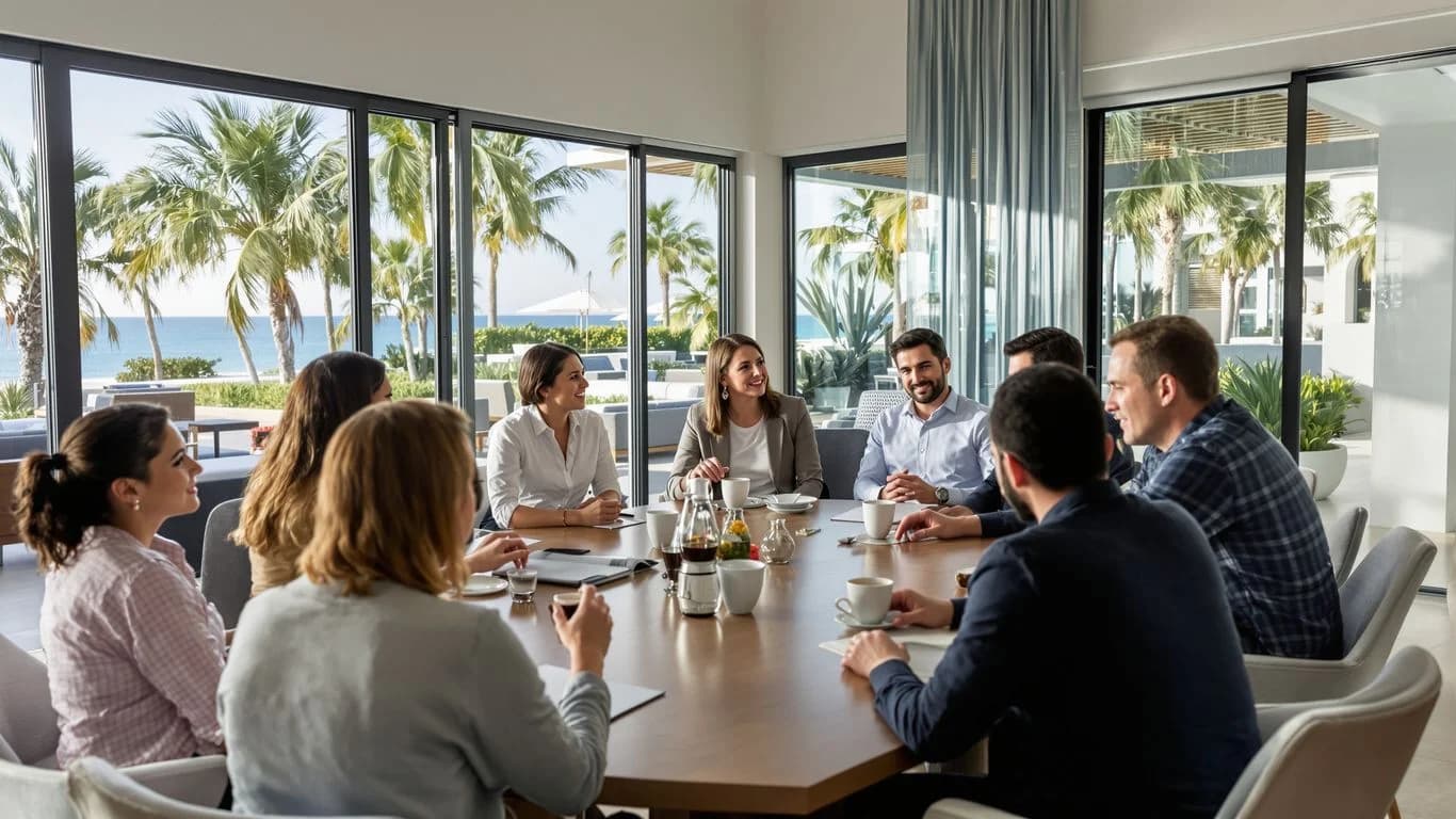 Meeting room at Corporate Cabo Group Rentals With Meeting Spaces & Team Activities people at table, ocean view