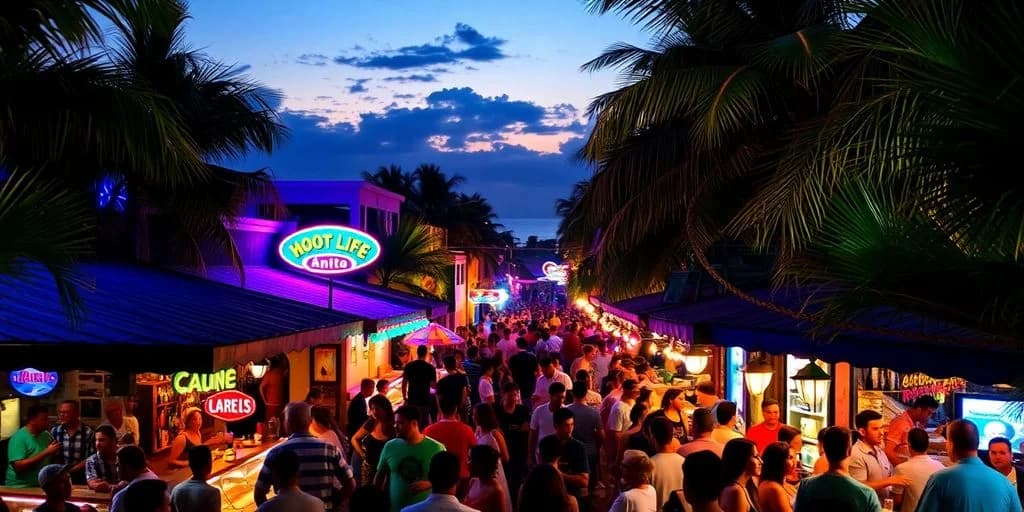 Night street at Current Nightlife Rules in Cabo: What's Open & What's Changed crowded, neon lights, palm trees