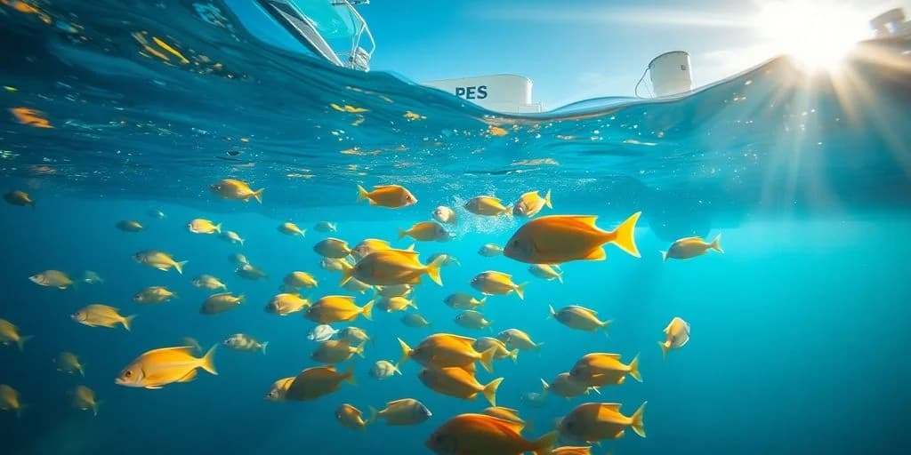 Underwater fish school at Deep Sea Fishing in Los Cabos: Guide with boat above surface
