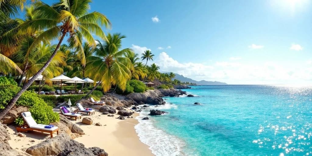 Tropical beach 3 at Discover Paradisus Cabo, a Paradise Within a Paradise with rocky coastline and palm trees