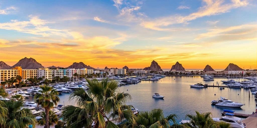 Marina at sunset at Discover the Heart of Cabo's Marina at Marina Fiesta Cabo with buildings and mountains beyond
