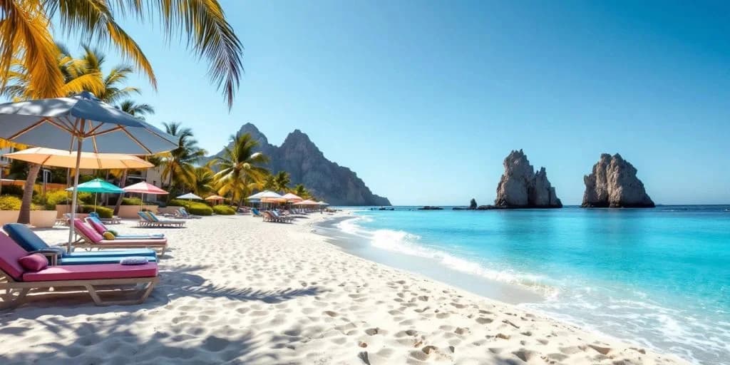 Sandy beach at Discover the Secret to a Stress-Free Vacation in Cabo Mexico All-Inclusive with lounge chairs and palm trees