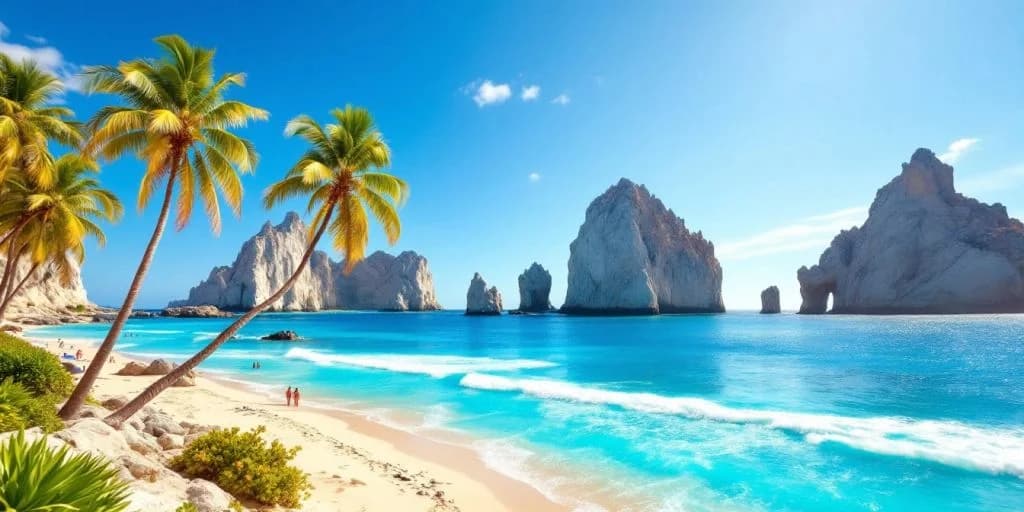 Beach and ocean at Discover the Ultimate Vacation Spot in Cabo San Lucas BCS with rock formations and palm tree