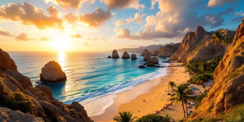 Beach and ocean aerial at Discover Your Next Adventure in Los Cabos, Mexico with rock formations at sunset