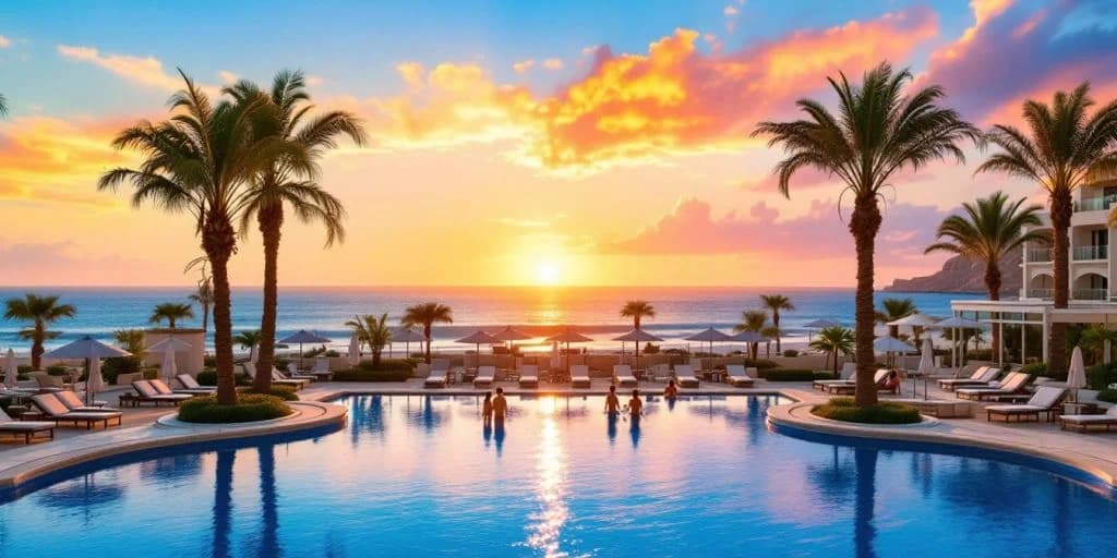 Infinity pool sunset at Dreams Resort Los Cabos Offers Family-Friendly Luxury with people and ocean beyond