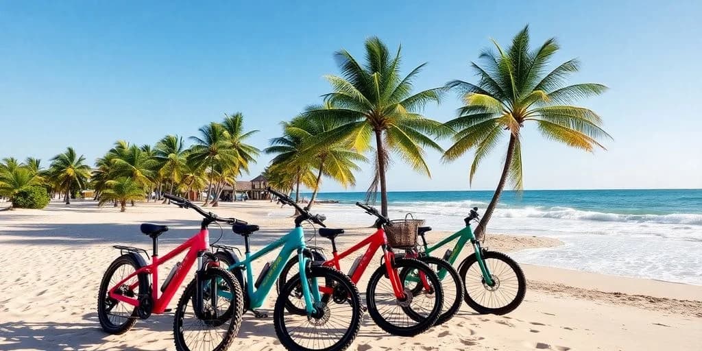 Bicycles on beach at E-Bike Beach Tours in Cabo with palm trees and ocean