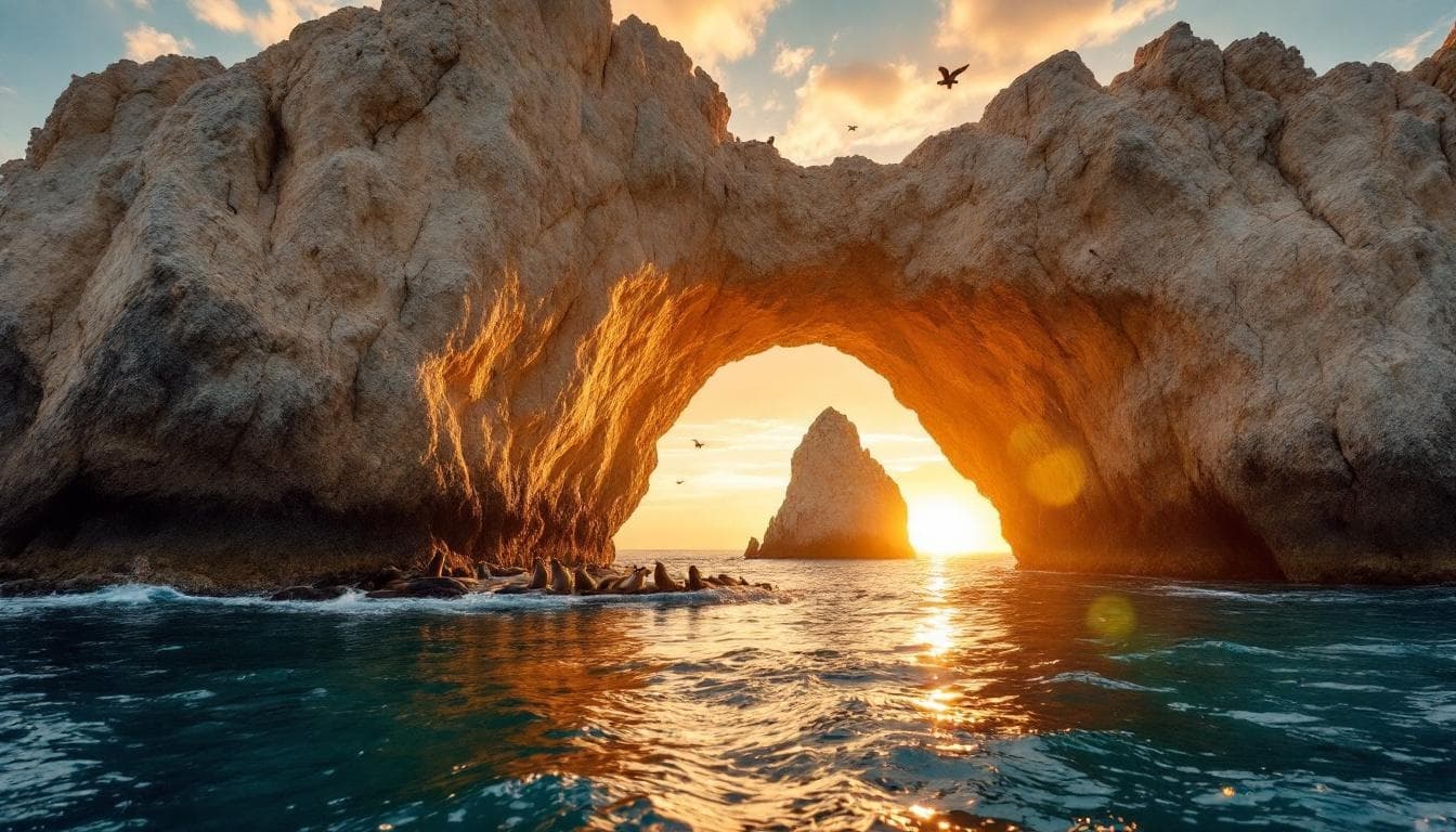 Rock arch at El Arco Cabo San Lucas: Your Complete Guide to the Famous Arch at sunset, with sea lions