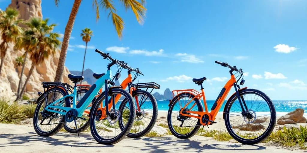 Bicycles on beach at Electric Bike Tours in Cabo under palm trees, blue sky