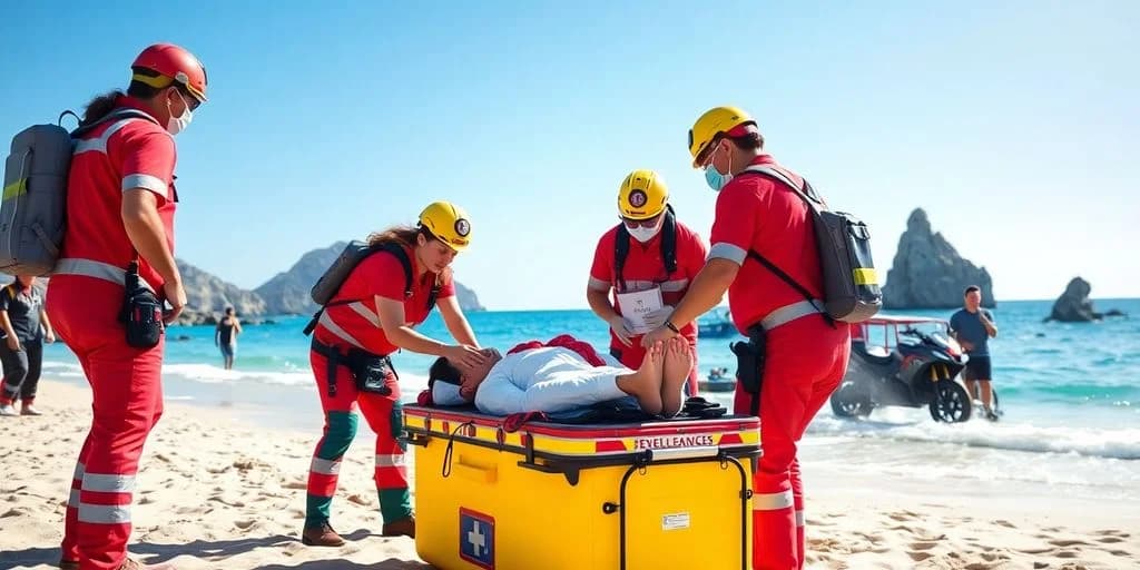 Medical rescue team at Emergency Medical Care in Los Cabos: What Tourists Should Know on beach, assisting person