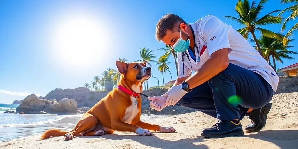 Veterinarian with dog at Emergency Vet Services in Los Cabos: Tourist Guide on beach, under palm trees