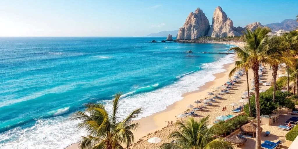 Tropical beach at Enjoy Affordable Luxury by the Beach at Sandos Los Cabos with rock formations, blue ocean