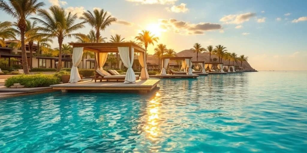 Poolside cabanas at Escape to These Adults-Only All-Inclusive Cabo Resorts at sunset, with palm trees
