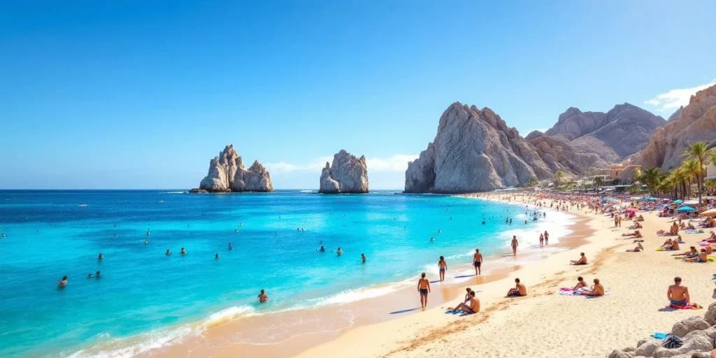 Beach scene at Everything You Need to Know When Flying to Cabo San Lucas with rock formations, many people