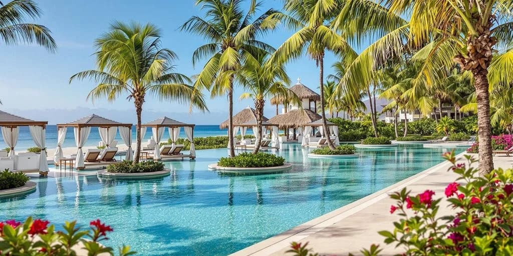 Resort pool at Experience Adults-Only Luxury at Riu Baja California Cabo with cabanas, palm trees