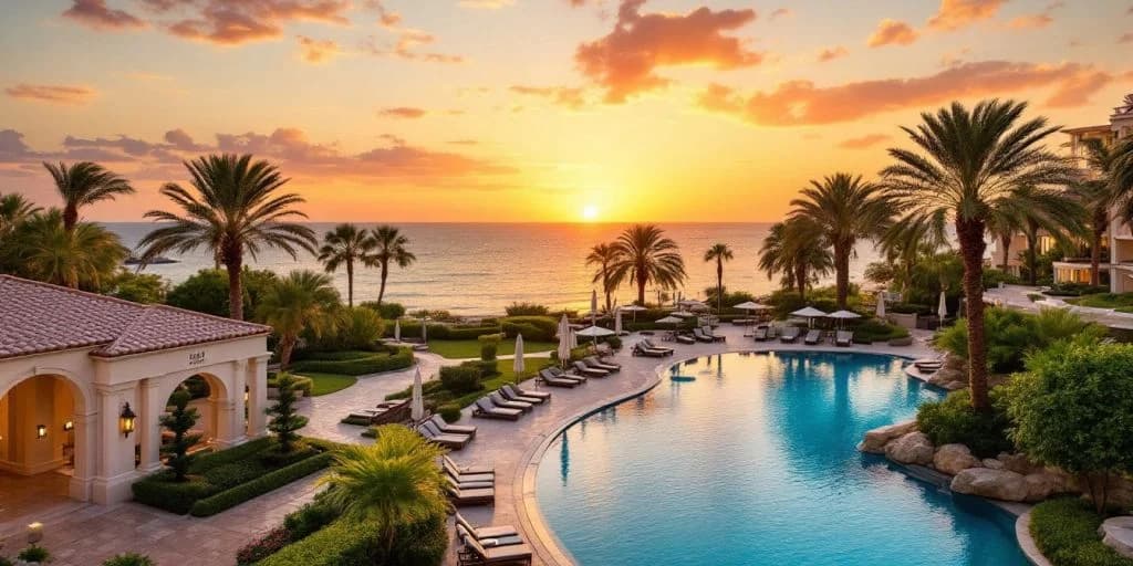 Resort pool at Experience Elegance at Every Turn in Waldorf Astoria Cabo at sunset, with ocean beyond
