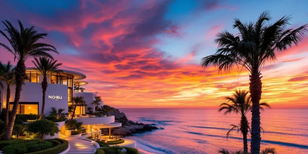 Outdoor terrace at Experience Elegance Like No Other at Nobu Los Cabos at sunset, with ocean view