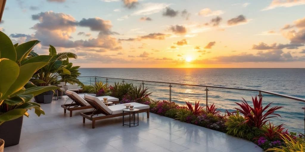 Coastal view at Experience Luxury at The Cape, a Thompson Hotel Cabo at sunset, with modern building