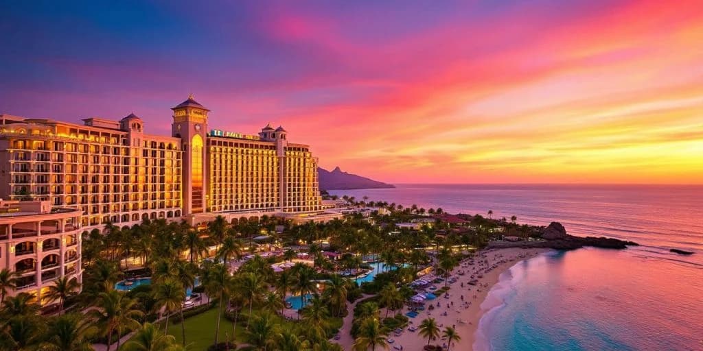 Resort aerial at Experience Luxury Redefined at Riu Palace Cabo San Lucas at sunset, with beach, pools