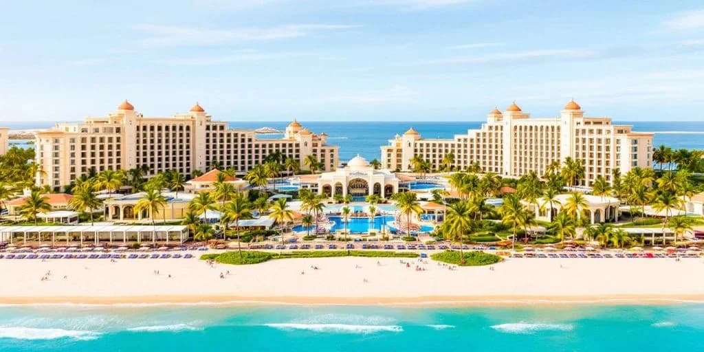 Resort aerial at Experience Opulence at Riu Palace Cabos San Lucas with beach, pools, blue sky