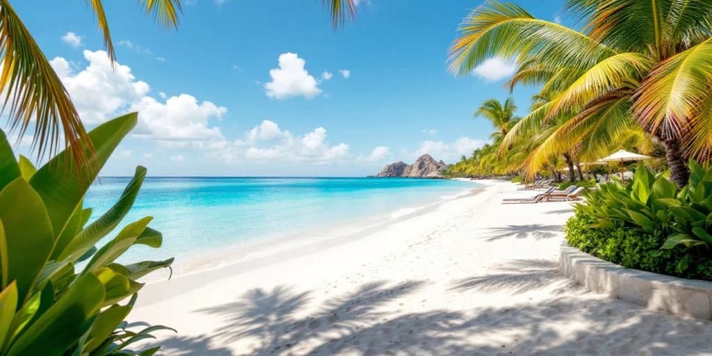 White sand beach at Experience Pure Indulgence at Le Blanc Cabo with turquoise water, palm shadows