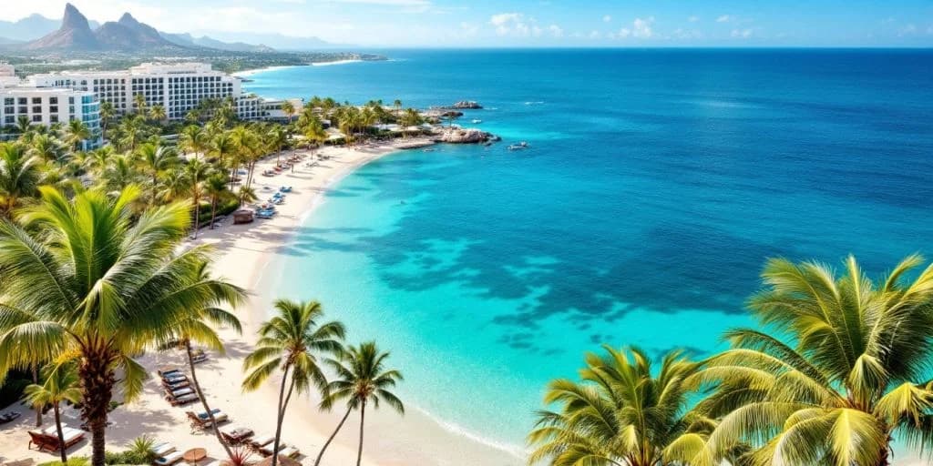 Beach aerial at Experience Pure Indulgence at Le Blanc Cabo San Lucas with turquoise ocean, palm trees