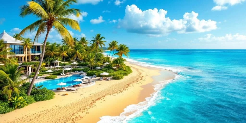 Tropical beach at Experience Royalty by the Sea at Riu Palace Los Cabos with palm trees, blue sky