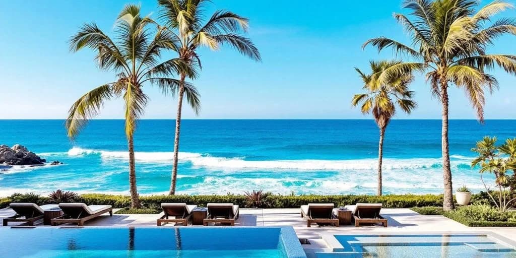 Infinity pool at Experience Unparalleled Luxury at The Cape Los Cabos with ocean waves, palm tree