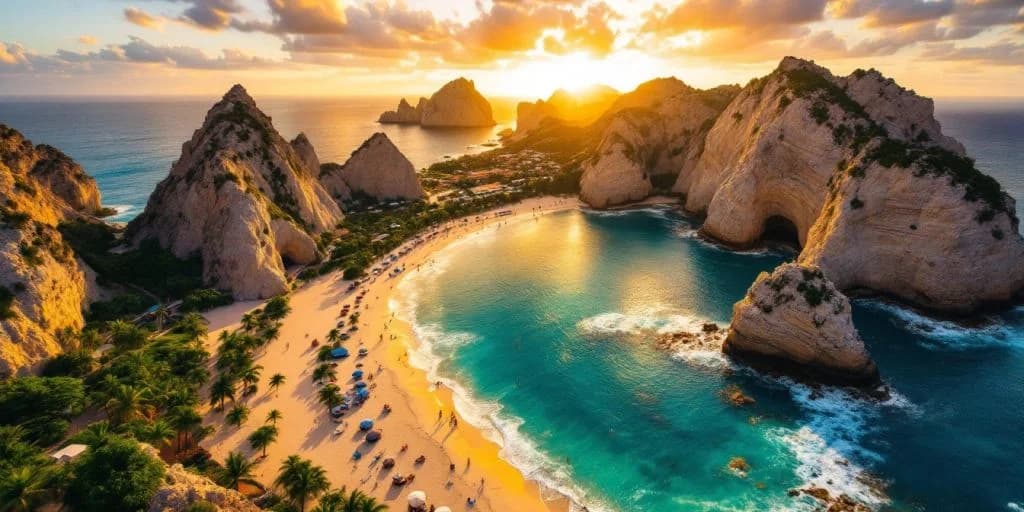 Cove beach aerial at Exploring Los Cabos, Mexico's Dual Paradise Uncovered at sunset, with rock formations