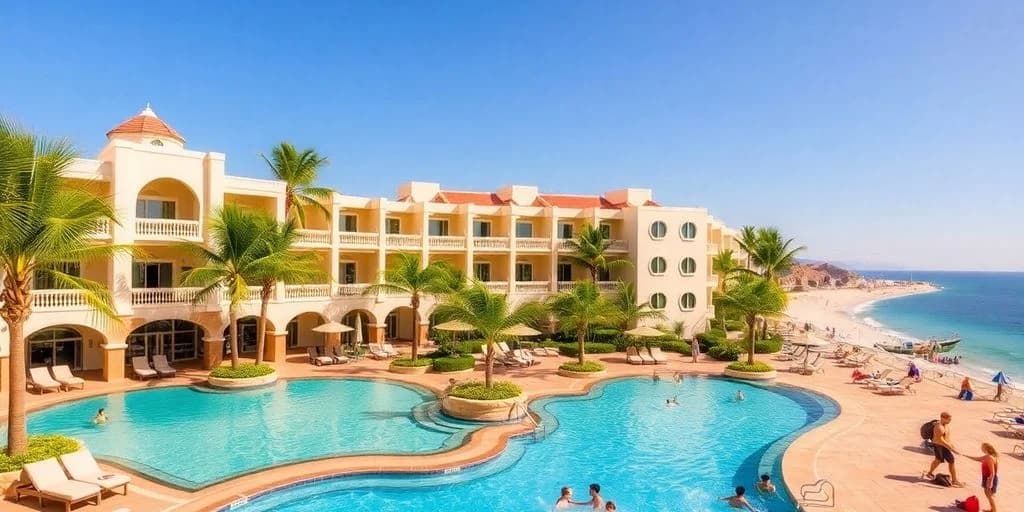 Resort exterior at Family-Friendly Luxury Awaits at Villa del Arco Cabo with large pool, palm trees