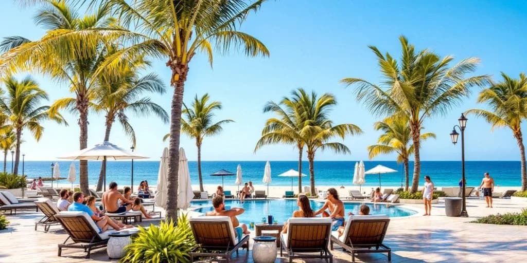 Poolside lounge at Family Fun and Luxury Combined at Hotel Ziva Los Cabos with ocean view, palm trees