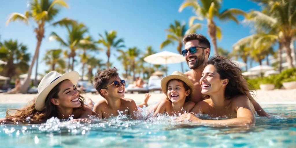Family in pool 1 at Family Fun and Luxury Combined at Hyatt Los Cabos smiling, splashing water