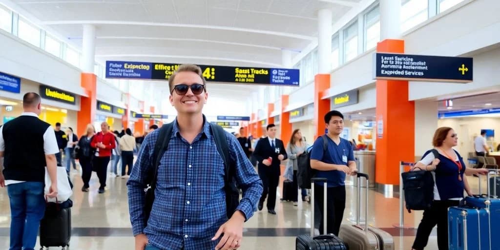 Man in airport at Fast Track Service at Los Cabos Airport: Worth It? smiling, with luggage
