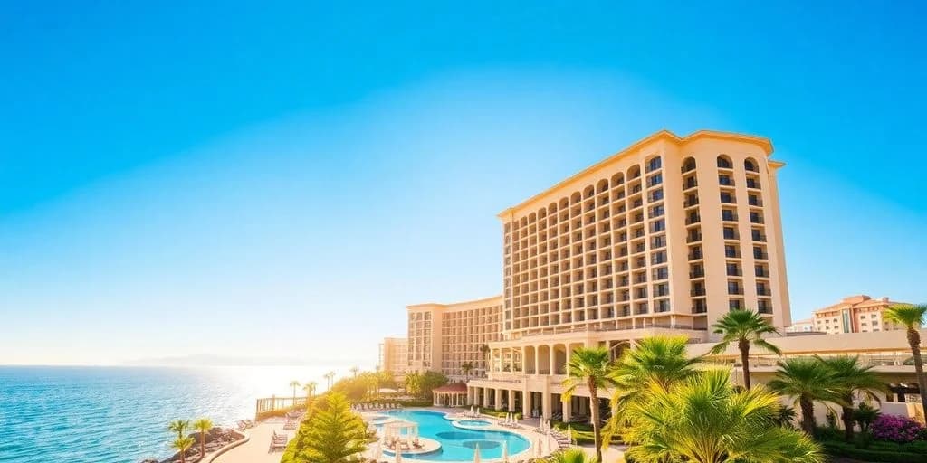 Resort exterior 2 at Fiesta Americana Grand Los Cabos: Your Dream Stay! with large pool, palm trees