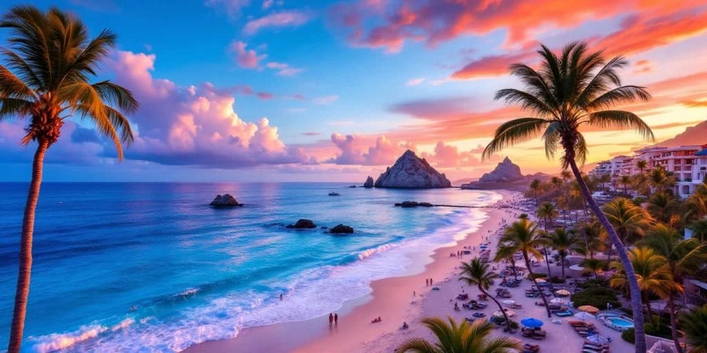 Tropical beach at Finding the Perfect Cabo San Lucas Hotel for Your Stay at sunset, with rock formations