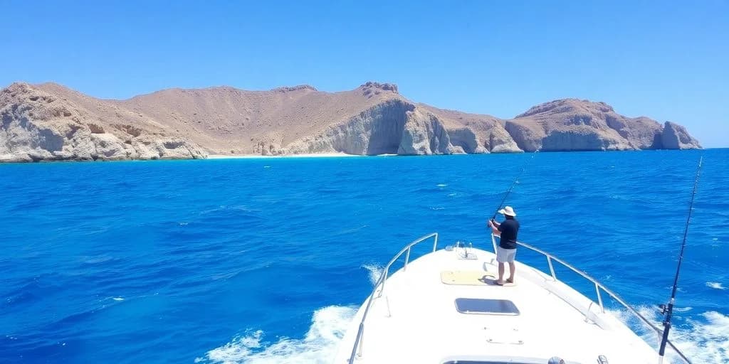 Boat on ocean at Fishing Charter Reviews in Los Cabos with coastal mountains beyond