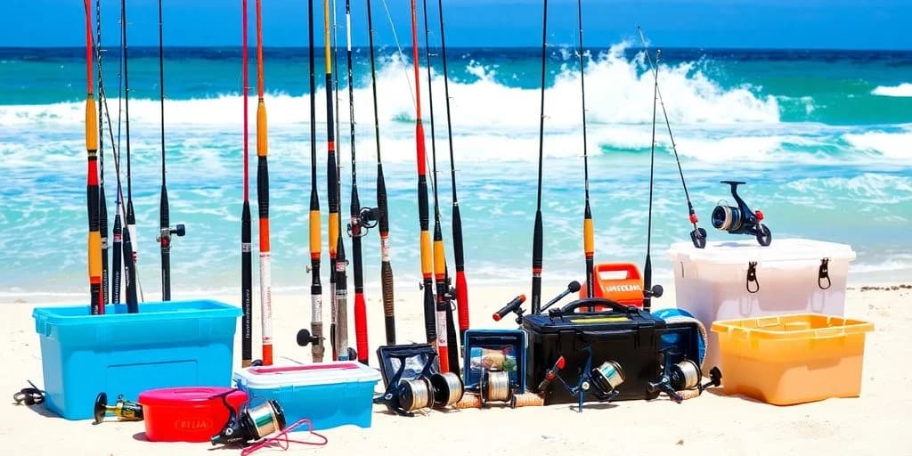 Fishing rods at Fishing Equipment Rental in Los Cabos on sandy beach, by ocean