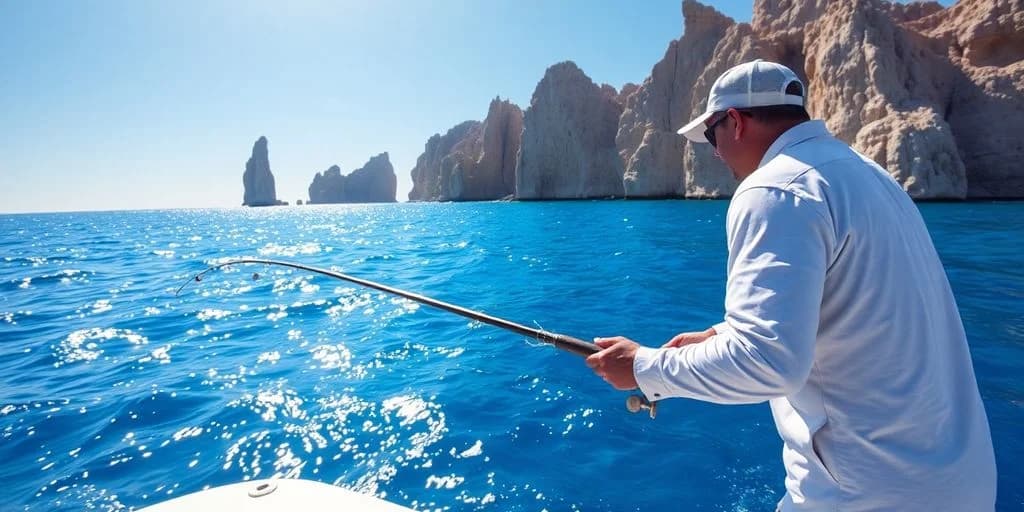 Person fishing at Fishing License Cost in Los Cabos from boat, with rocky coast