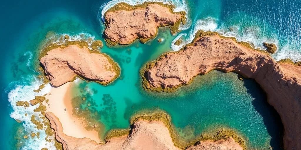 Coastline aerial at Fishing Spot Maps for Los Cabos with turquoise water, from above
