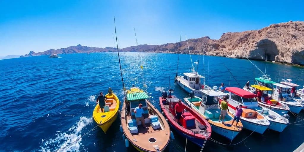 Fishing boats at Fishing Tournaments in Los Cabos moored in calm blue water
