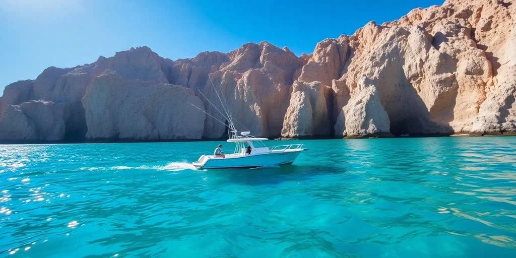 Boat on ocean 2 at Fishing Tours in Los Cabos: Comparison Guide with dramatic rock formations