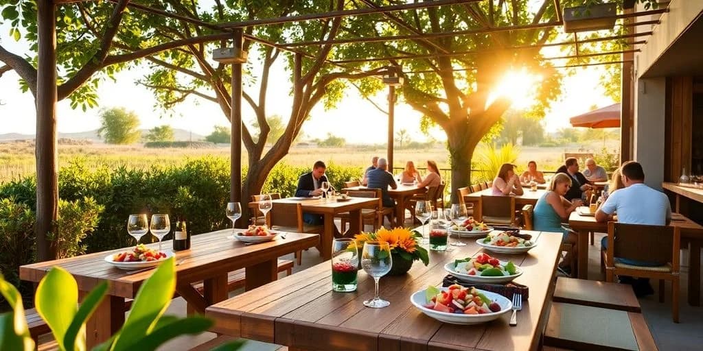 Outdoor dining at Flora Farms Cabo: Ultimate Dining Guide & Reservation Tips under trees, at sunset