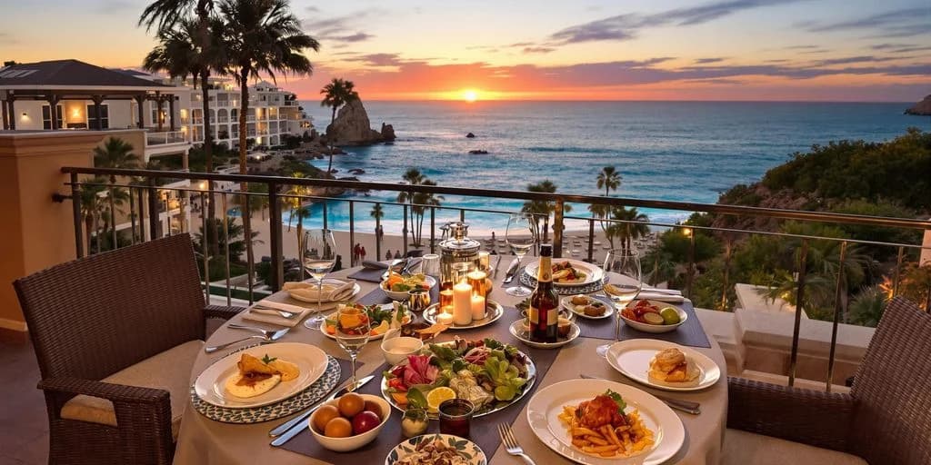 Dinner table at Food & Beverage Minimums in Cabo: $10,000 vs Hidden Costs Revealed at sunset, with ocean beyond