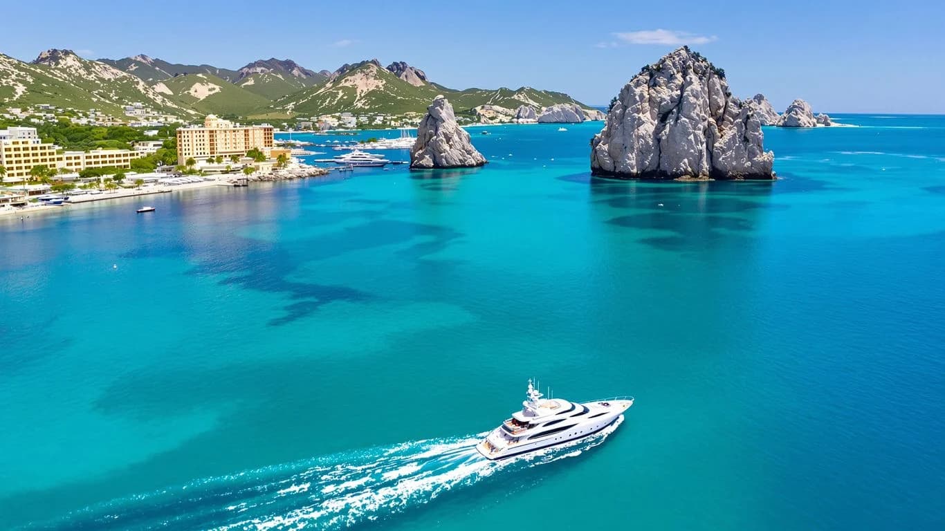 Luxury yacht at Full-Day Cabo Adventure Tours vs Half-Day Activity Costs in turquoise water, rock formations